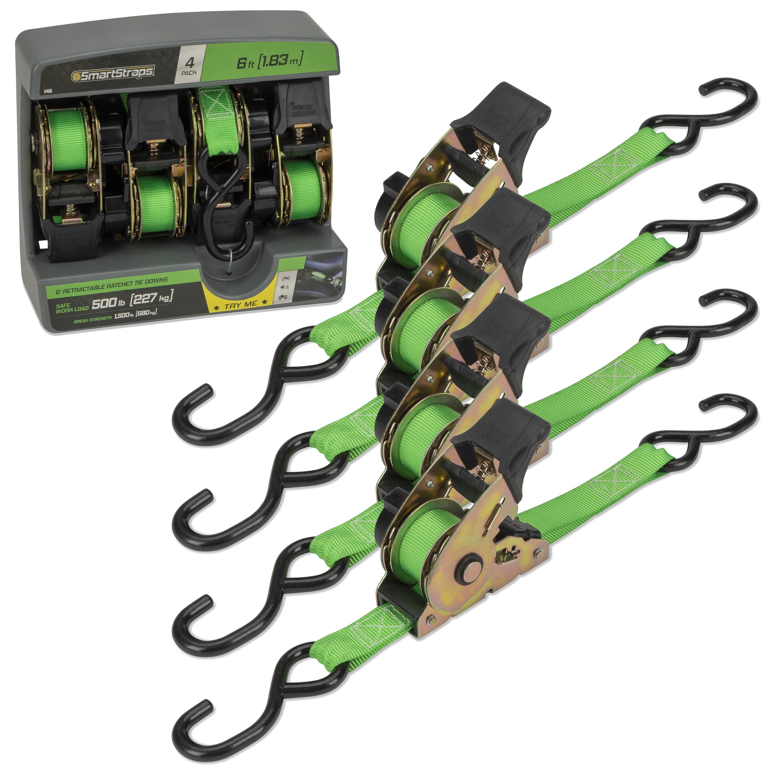 SmartStraps 6-Foot Ratchet Straps (4pk) 1,500 lbs Break Strength – 500 lbs Safe Work Load– Haul ATVs, Lawn Tractors and Other Small Equipment – Easy-to-Use Retractable Tie-Down Straps