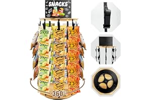 SOLEIM Chip Rack Display Stand, 5 Tiers 40 Clips Snack Organizer for Office Desk, 360° Rotating Wooden Base Chip Holder Candy Display with Message Board for Concession Stand, Countertop, Party
