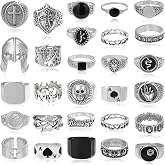 Acruccen 28 Pcs Vintage Silver Punk Rings Set for Men Cool Gothic Chunky Rings Statement Skull Cross Signet Ring Set