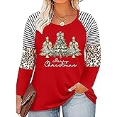 Plus Size Christmas T Shirt Women Xmas Leopard Plaid Trees Print Tees Casual Long Sleeve Holiday Shirts Top