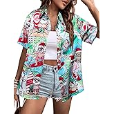 FRYAID Merry Xmas Shirt Hawaiian Shirts Women Funny Santa Claus Ugly Graphic Tee Summer Holiday Beach Blouses Button Up Tops