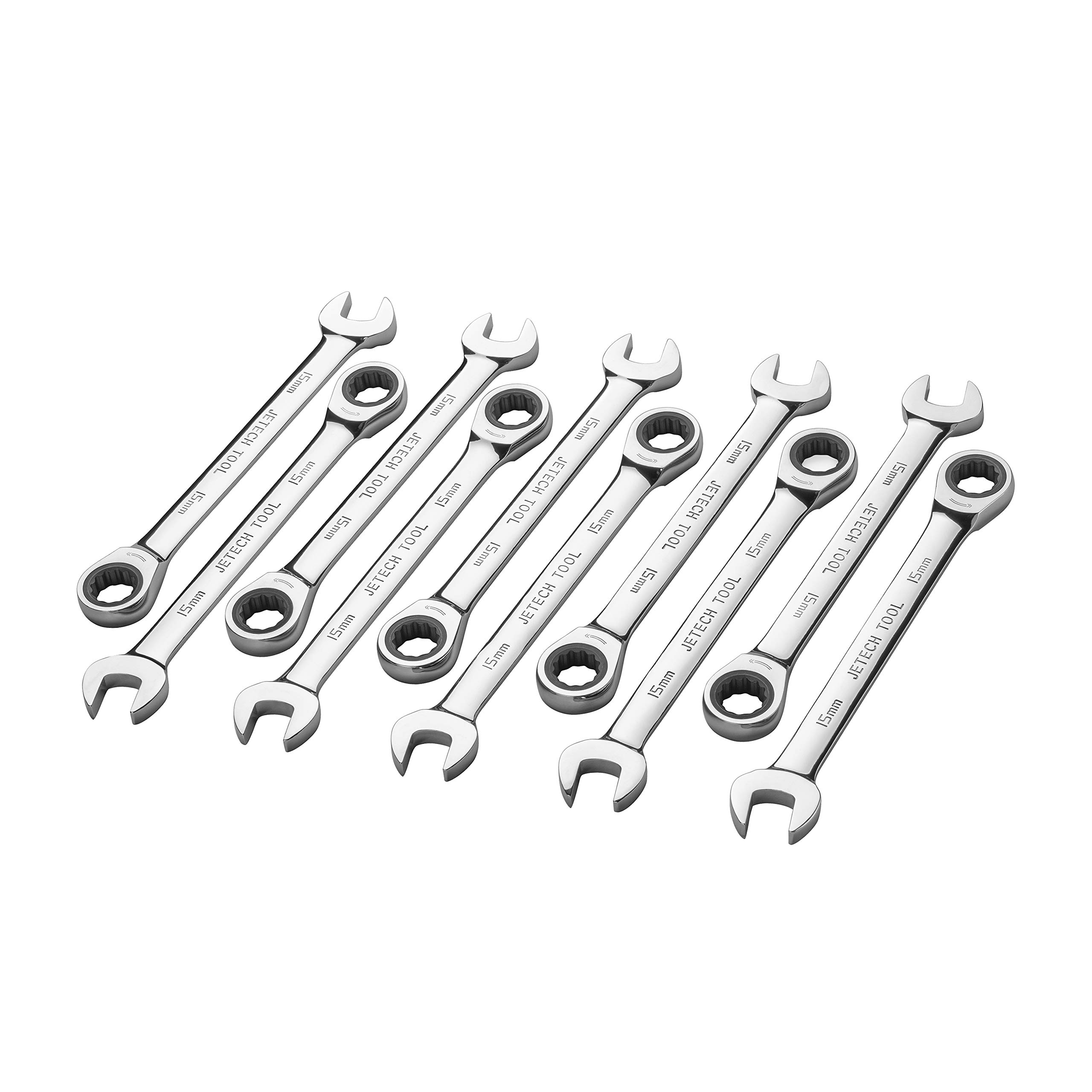 Jetech 15mm Ratcheting Combination Spanner (10 Pack) - Metric Industrial Grade Cr-V Steel Gear Wrench in Polished Chrome Finish