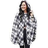 Catalonia Womens Hooded Poncho Cape, Sherpa Fleece Cloak Coat, Warm Shawl Wraps, Christmas Gift Ideas, Plaid White