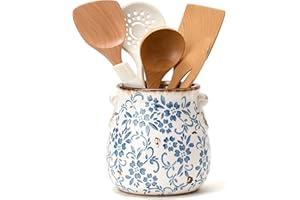 Utensil Holder for Kitchen Counter, Modern Farmhouse Rustic Cooking Utensil Holder and Crock, Exquisite Chinoiserie Floral Ce