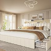 PRAISUN Bed Frame King Size with Upholstered Headboard &amp; Charging Station, King Bed Frame with 4 Storage Drawers, 2-Tier Open Shelves, No Box Spring Needed, Slient Foam Strip, Easy Assembly, Beige