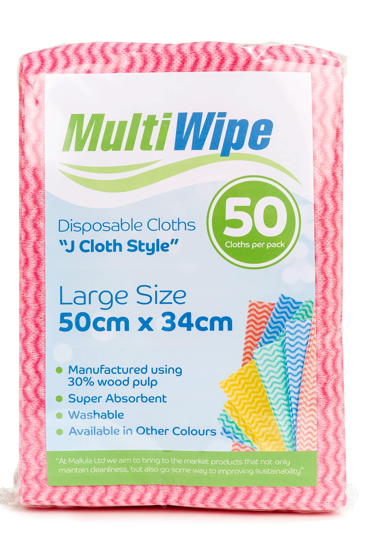 MultiWipe 50 Large Multi Purpose Pink Disposable Cleaning Cloths | Made With 30% Wood Pulp |J Cloth Style. | 50cm x 34cm | 50 Cloths per Bag | Also Available in Boxes of 500.