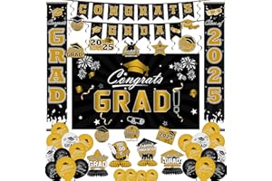 IPOOLTENG Graduation Decorations 2025 Set - Gold Themed Congrats Grad Banner, Backdrop, Hanging Swirls, Porch Sign, Balloons - Complete Party Supplies for High School, College Graduation Decorations