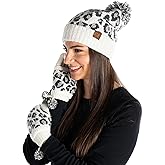 Funky Junque Women’s Leopard Print Pom Beanie & Gloves Set – Cozy Knit Winter Hat, Stylish Cheetah Cold Weather Accessories