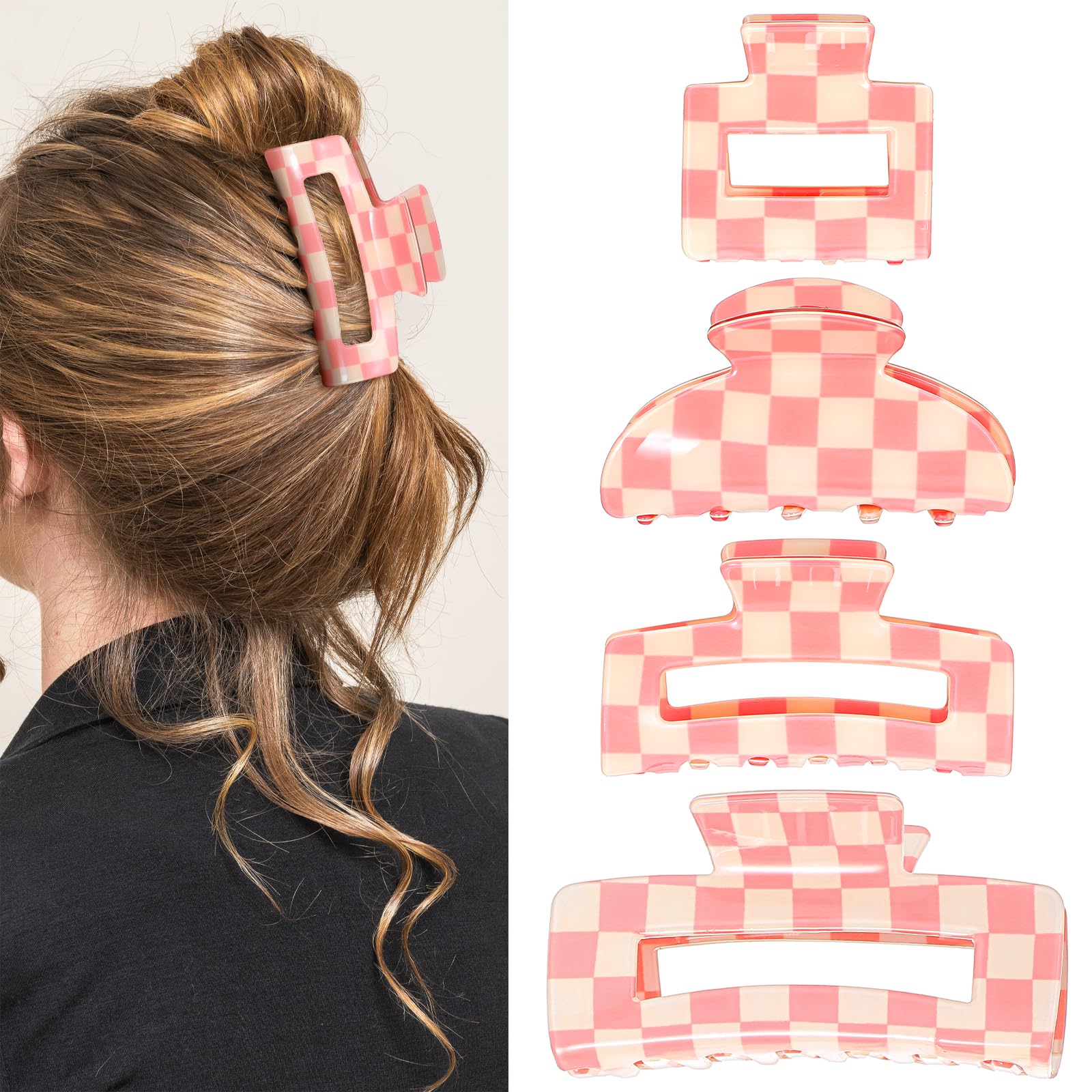 Photo 1 of (USED/FAIR) 4Pcs Checkered Hair Claw Clips, Non-Slip Hair Jaw Clips for Thick, Thin, Curly, Straight, Long Hair, Simple Style Pink and White Square Checkered Hair Clip, Women's Hair Accessories