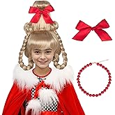 Koonfan Cindy Who Wig for Kids Girls Christmas Long Blonde Braids Hair with Red Bow and Necklace Cosplay Party Wigs