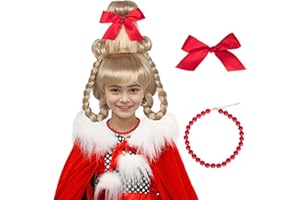 Koonfan Cindy Who Wig for Kids Girls Christmas Long Blonde Braids Hair with Red Bow and Necklace Cosplay Party Wigs