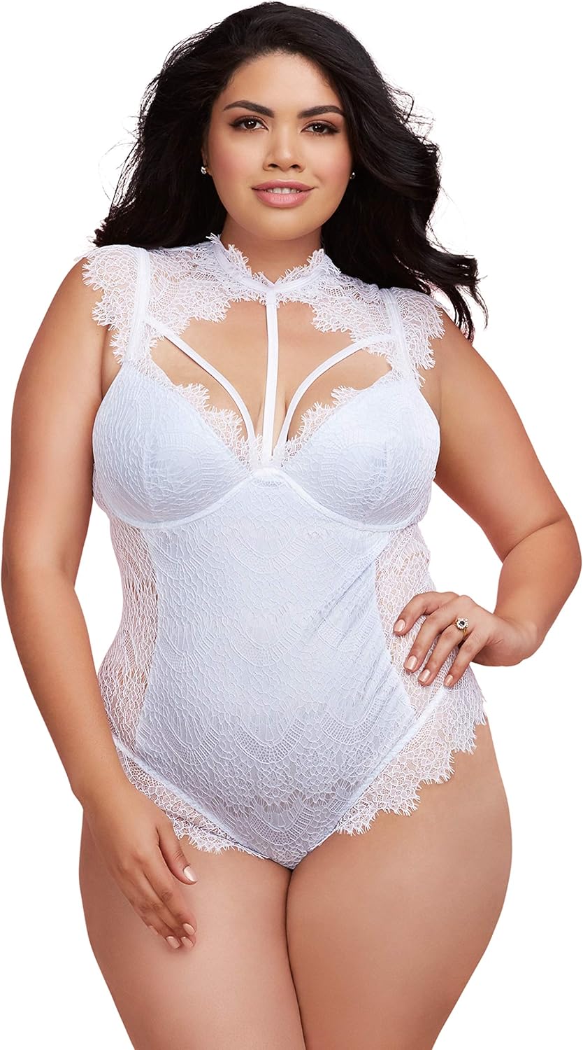 Dreamgirl womens Plus Size Teddy With Contrast Lace Overlay: Clothing