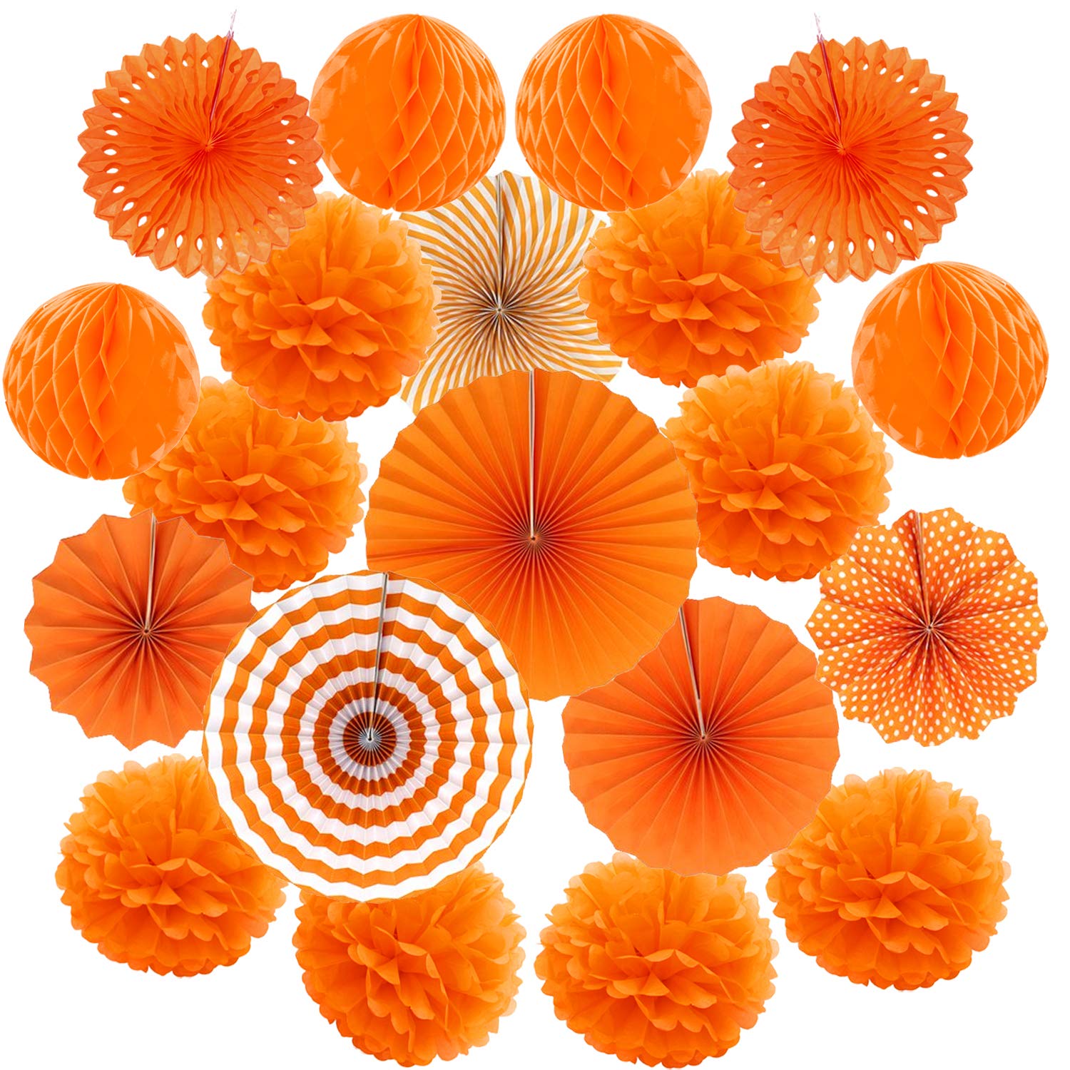 ZERODECO Hanging Paper Fan Set, Tissue Paper Pom Poms Flower Fan and Honeycomb Balls for Birthday Baby Shower Wedding Festival Decorations - Orange
