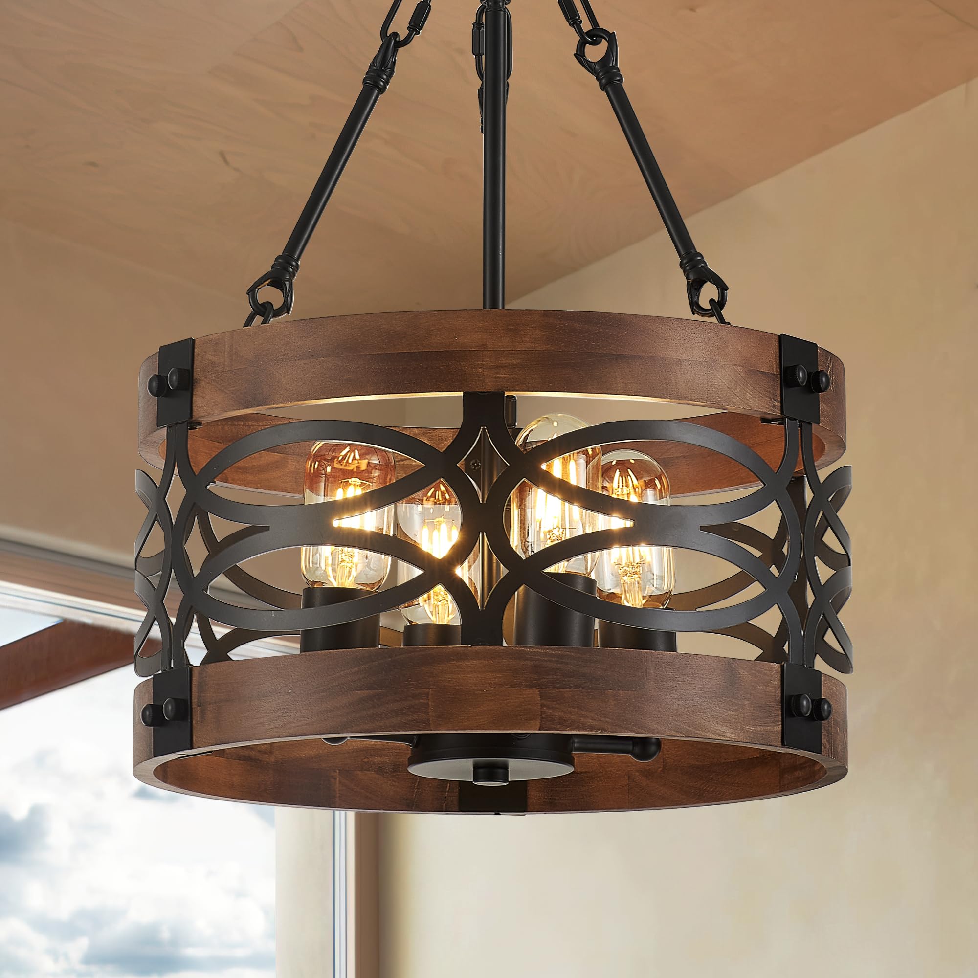 Photo 1 of Faibra 4-Light Farmhouse Drum Wood Pendant Light 13.8'' Vintage Rustic Brown Oak Wood Chandeliers,Retro Industrial Hanging Light Fixtures for Dining Room Entryway, Bedroom