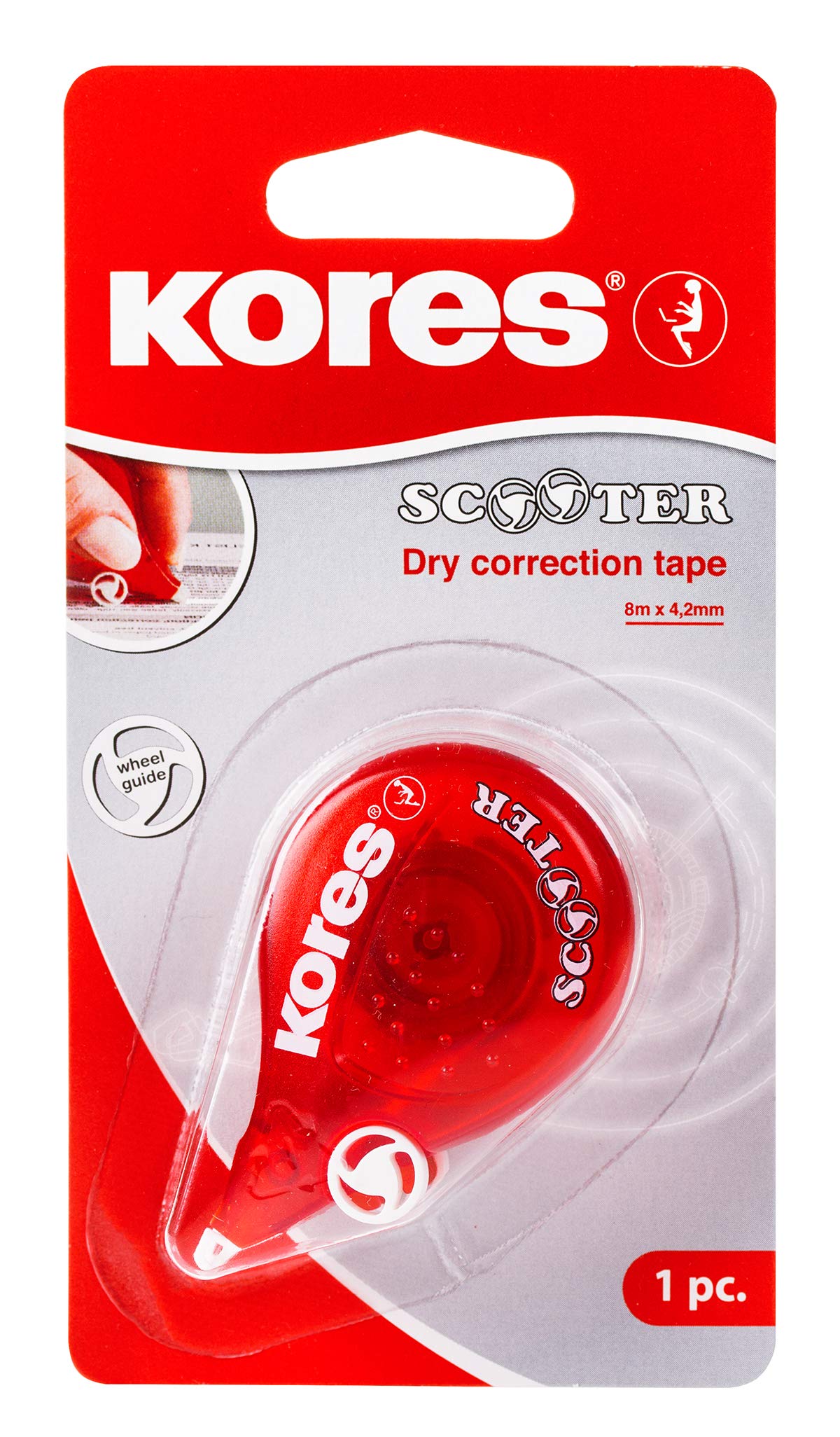 Kores Scooter Correction Tape Roller, Red, Wheel Guide, 8m x 4.2mm, Pack of 1, 84823
