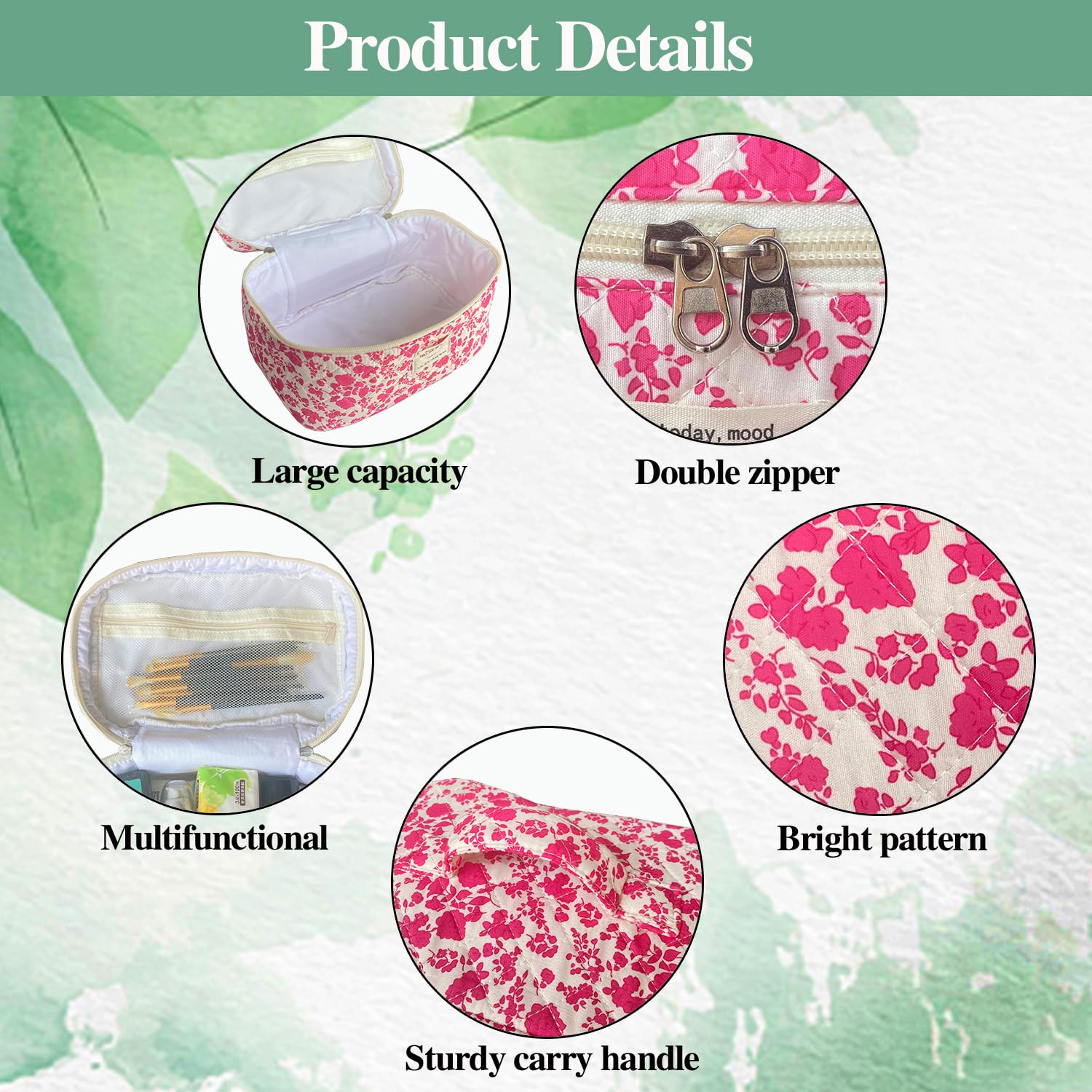 Rose Red Large Quilted Floral Makeup Bag Cute Soft Coquette Aesthetic Cosmetic Bag Cotton Travel Toiletry Bag for Women