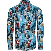 MOHEZ Funky Mens Ugly Christmas Shirt Long Sleeve Santa Claus Funny Button Down Shirt for Holiday Party