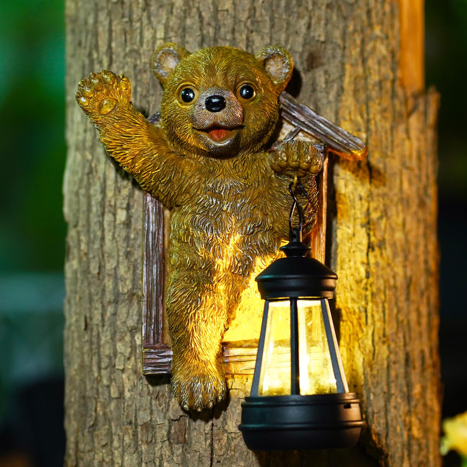 Goodeco Brown Bear with solar lantern on tree - Garden Ornament/Yard Decorative Sculpture/Baby Bear Cub Tree Hugger Statue
