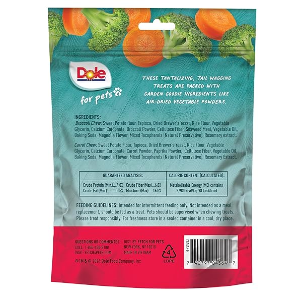 DOLE FOR PETS DOG CHEWS, ASSORTED BROCCOLI + CARROT VEGETABLE-FLAVORED TREATS, NO ARTIFICIAL COLORS FLAVORS OR PRESERVATIVES, NO WHEAT CORN SOY, PLANT BASED DOG TREATS, 7.05 OZ BAG