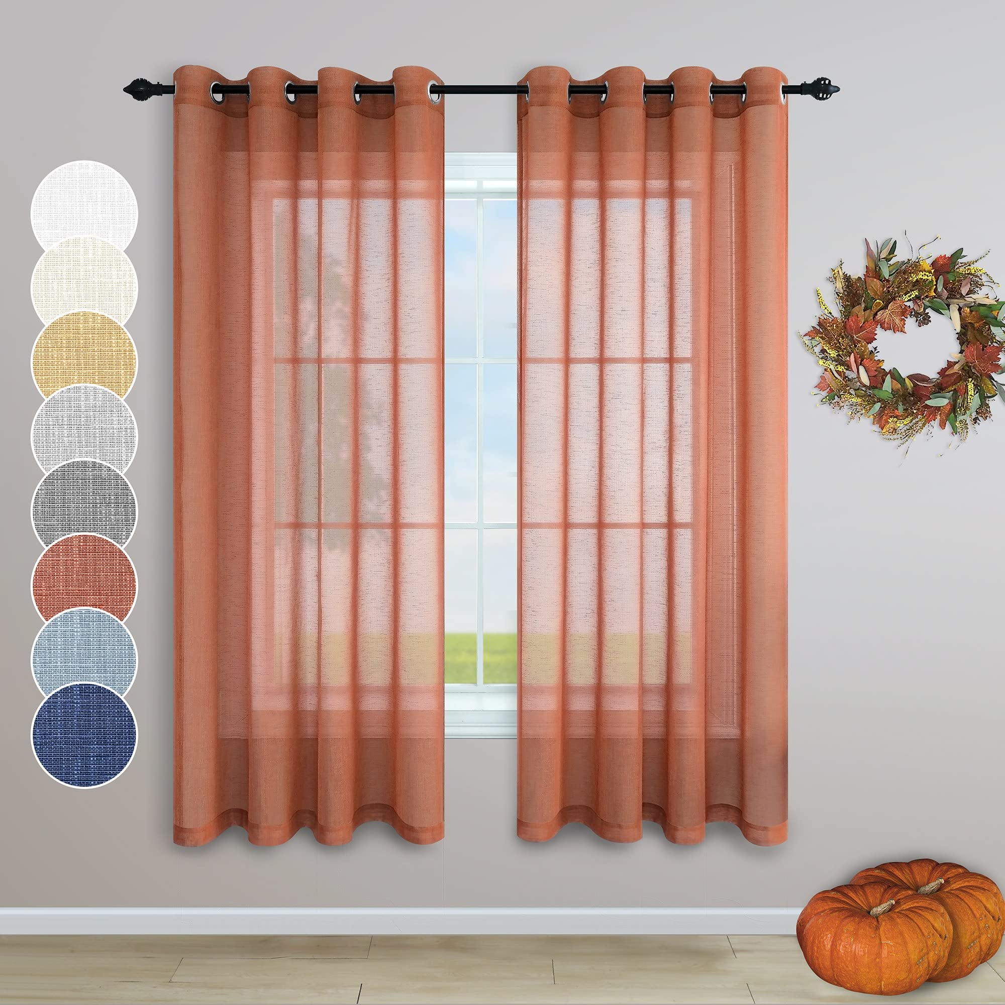 Terracotta Curtains 63 Inch Length for Kitchen 2 Panels Set Grommet Semi Transparent Voile Sheer Linen Rust Boho Curtains for Bedroom Girls Room Nursery Teen Brick Red Brown Burnt Orange Decor 63 Long
