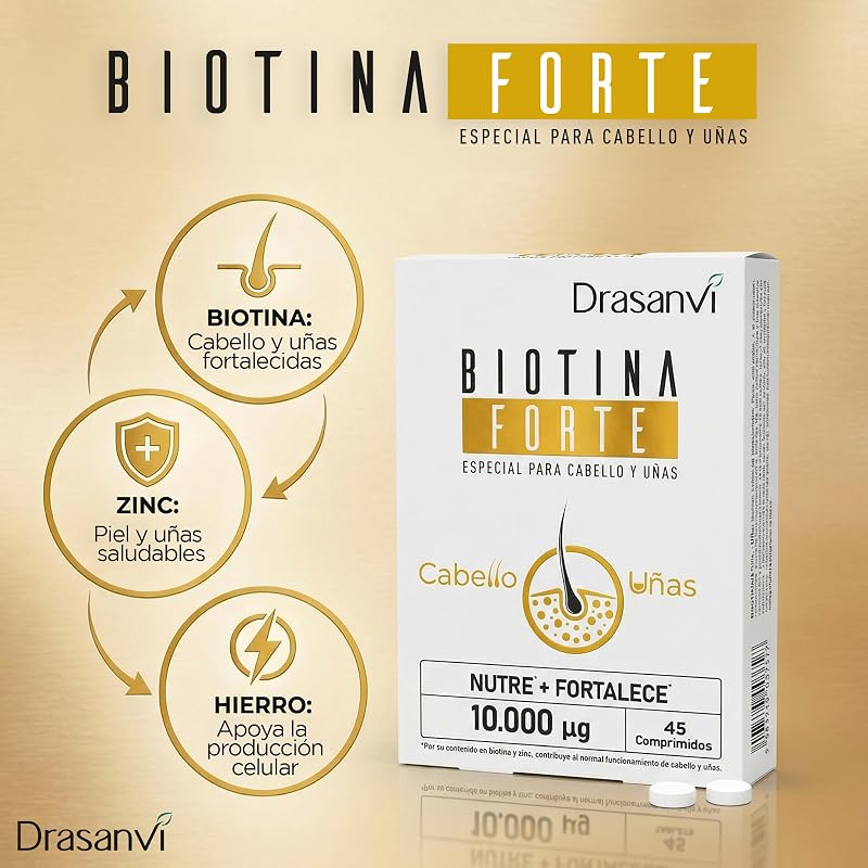 Biotina para el Cabello 10.000 mcg | Piel y Uñas, Zinc y Hierro | Drasanvi