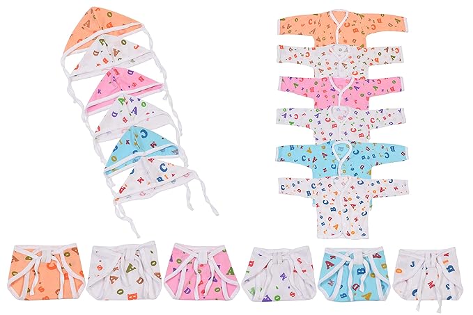 Toddylon New Born Baby Combo of Baby Jhabla,Baby Nappy & Baby Cap - Pack of 6 (Multicolour;0-6 Months)