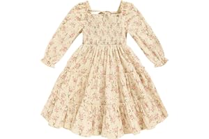 SINHOON Toddler Girl Dress Long Sleeve Baby Floral Smocked Square Neck Playwear Dress | Spring Fall Casual Dresses 1-6Y
