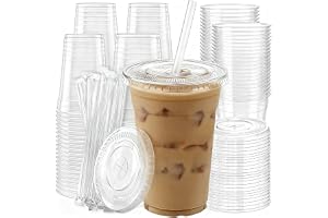 100 Pack 16 oz Plastic Cups with Lids and Straws, Clear Disposable Plastic Cups, Heavy Duty Iced Coffee Cups with Leak-Resistant Lids, Cold Drink Cups for Smoothies, Juice, Soda & Party To Go