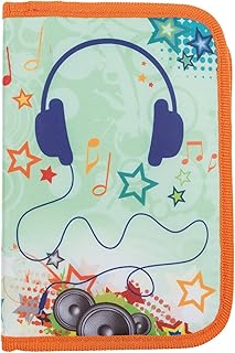Idena 21556 - Schüleretui mit 2 Innenklappen und Reißverschluss, 50 teilig befüllt mit Buntstiften, Fasermalern und Zubehör, Teen Design Music, ca. 19,5 x 13 x 4 cm, für Vorschule und Schule