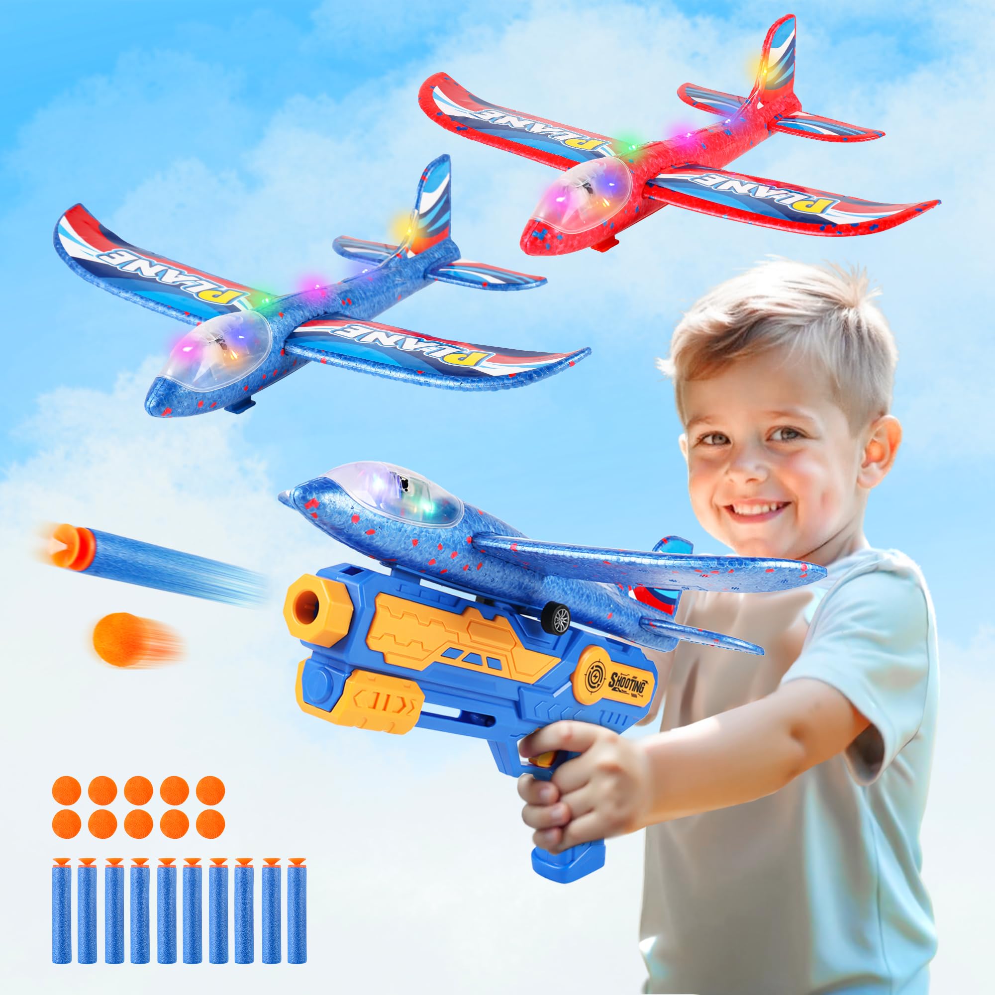 Photo 1 of 2 Pack Airplane Launcher Toys with 20 Darts,LED Foam Glider Catapult Plane Toy,2 Flight Modes Outdoor Flying Toys Birthday Gifts for Boys Girls 4 5 6 7 8 9 10 11 12 Year Old(Blue)