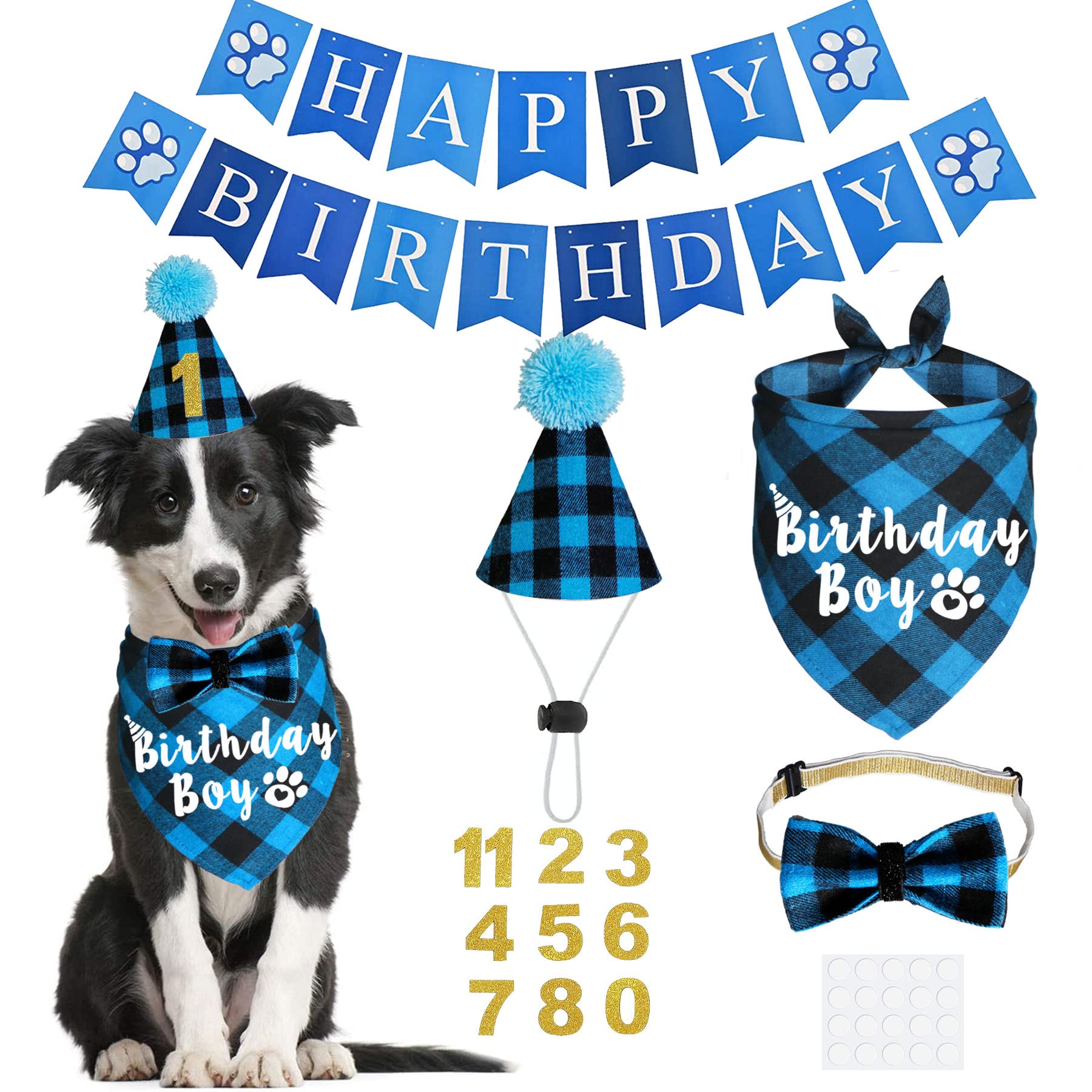 JOTFA Dog Birthday Party Supplies, Plaid Dog Birthday Boy Bandanas with Dog Birthday Party Hat Bow Tie Birthday Number for Small Medium Large Dogs Pets (Light Blue)