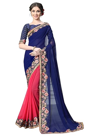 COTTON SHOPY Womens Georgette Half and Half Saree with Blouse Piece (Blue and Pink)