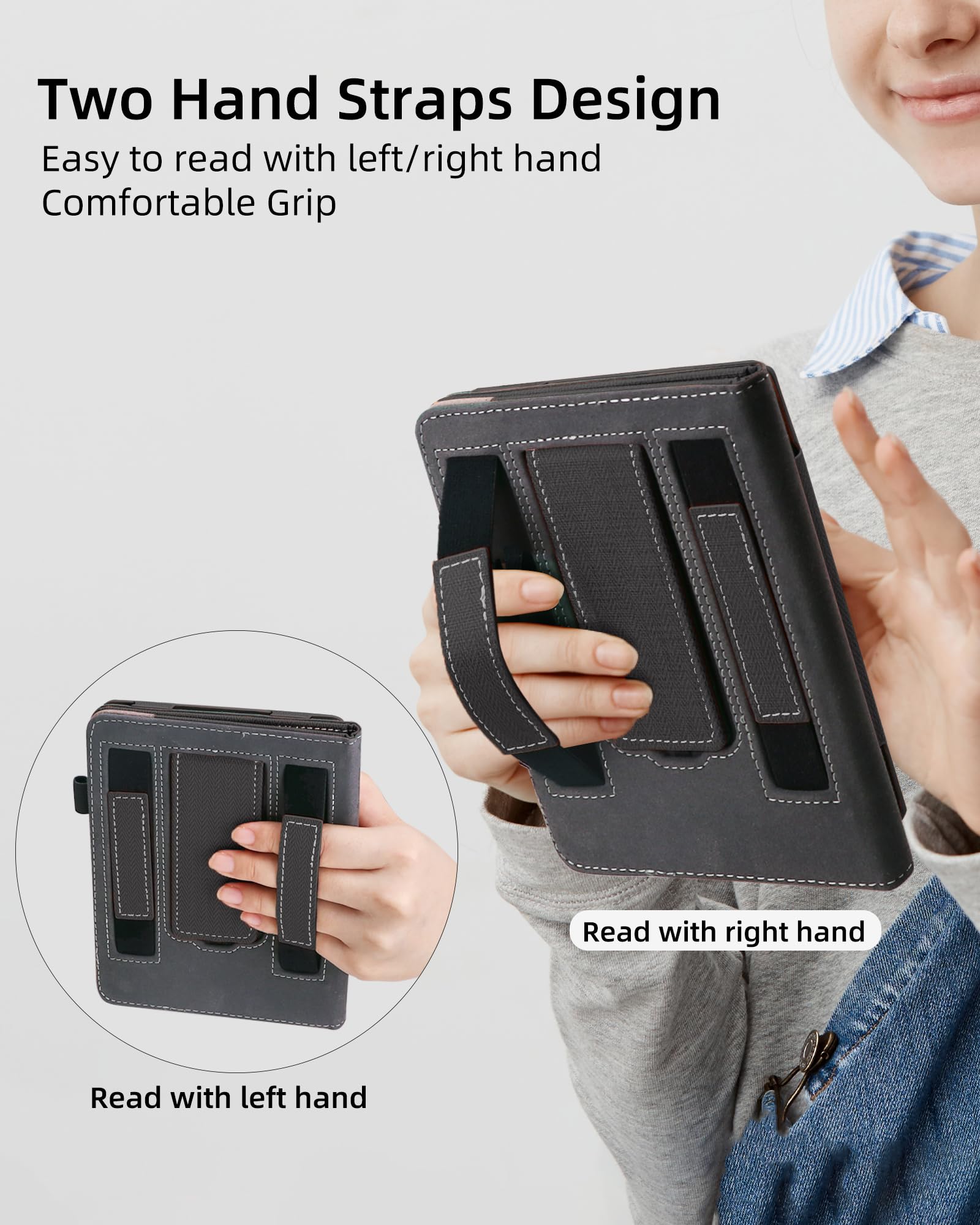 WALNEW Stand Case for 7-inch Kindle Paperwhite 12th Generation (2024 Released) and Kindle Colorsoft Signature Edition, Two Hand Straps Shell PU Leather Cover with Auto-Wake/Sleep