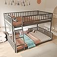 XD Designs Full XL Over Queen Bunk Bed with Safety Guardrails, Solid Wood Floor Bunk Bed Frame with Sturdy Slat Support for Kids Teens Adults, Detachable Design (Grey-tra)