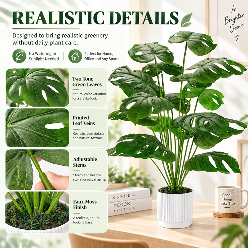 Plantas Artificiales Grandes de 28 Pulgadas, Plantas Artificiales en Maceta de Monstera para Interiores y Exteriores, Sala de Estar, casa, Suelo, Porche Delantero, decoración de árbol — foto 4 de 8