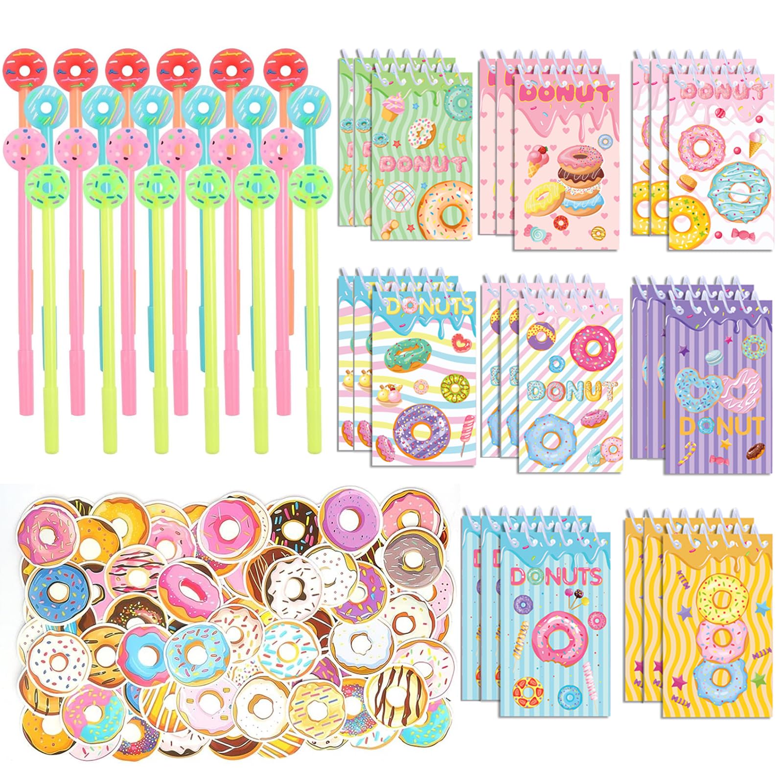 Photo 1 of Ekrecion 148 Pcs Bulk Donut-Themed Party Supplies Set - Mini Spiral Notepads, Pens, Stickers for Birthday Classroom School Rewards, Goodie Bag Stuffers & Prizes