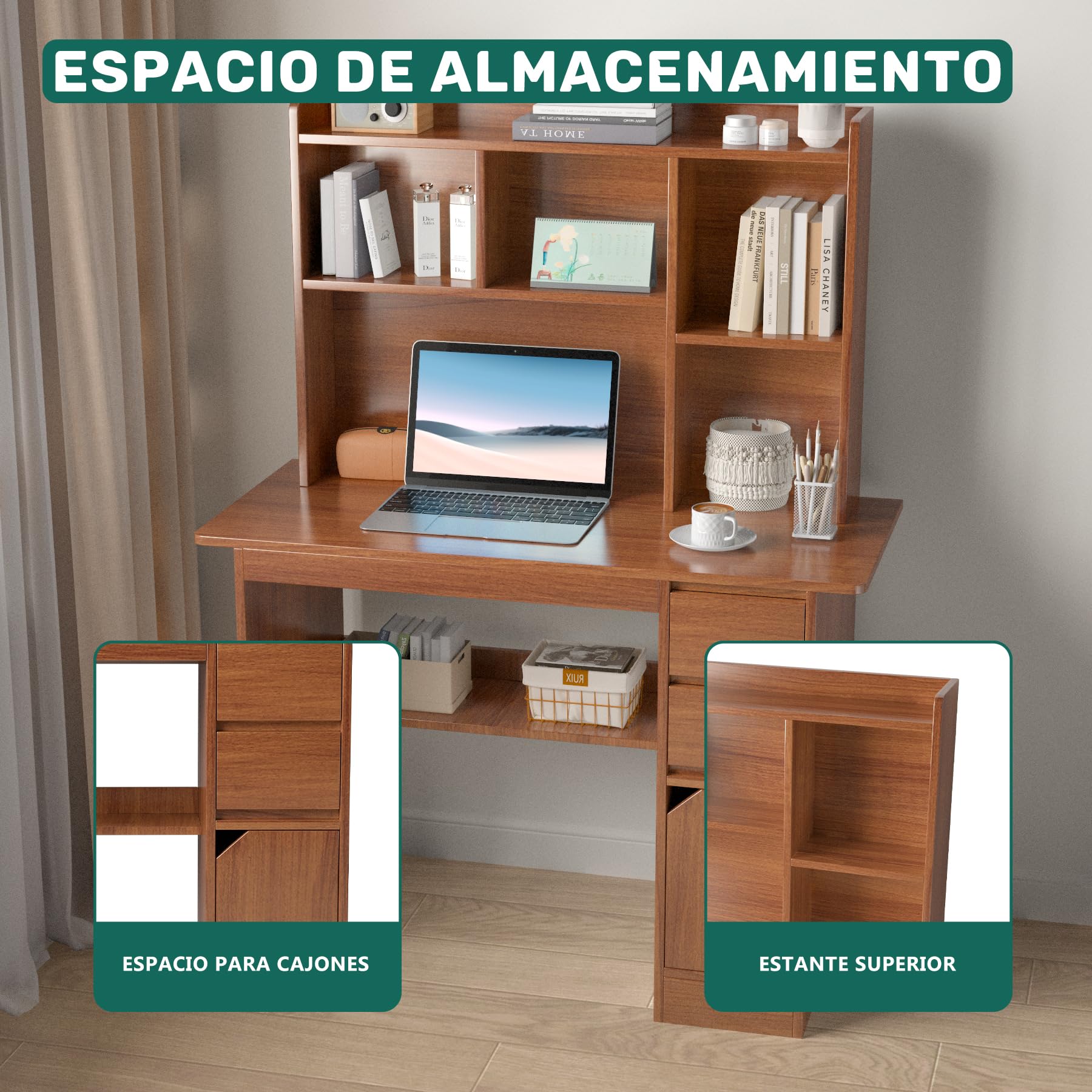 Detail view of LAZYDOT desk storage, showing drawers and cabinet