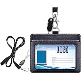 Wisdompro 2-Sided PU Leather ID Badge Holder with 1 ID Window and 1 Card Slot and 1 Piece 23 Inch Adjustable Polyester Detachable Neck Lanyard Strap (Holds 3 to 4 Cards) - Black (Horizontal)