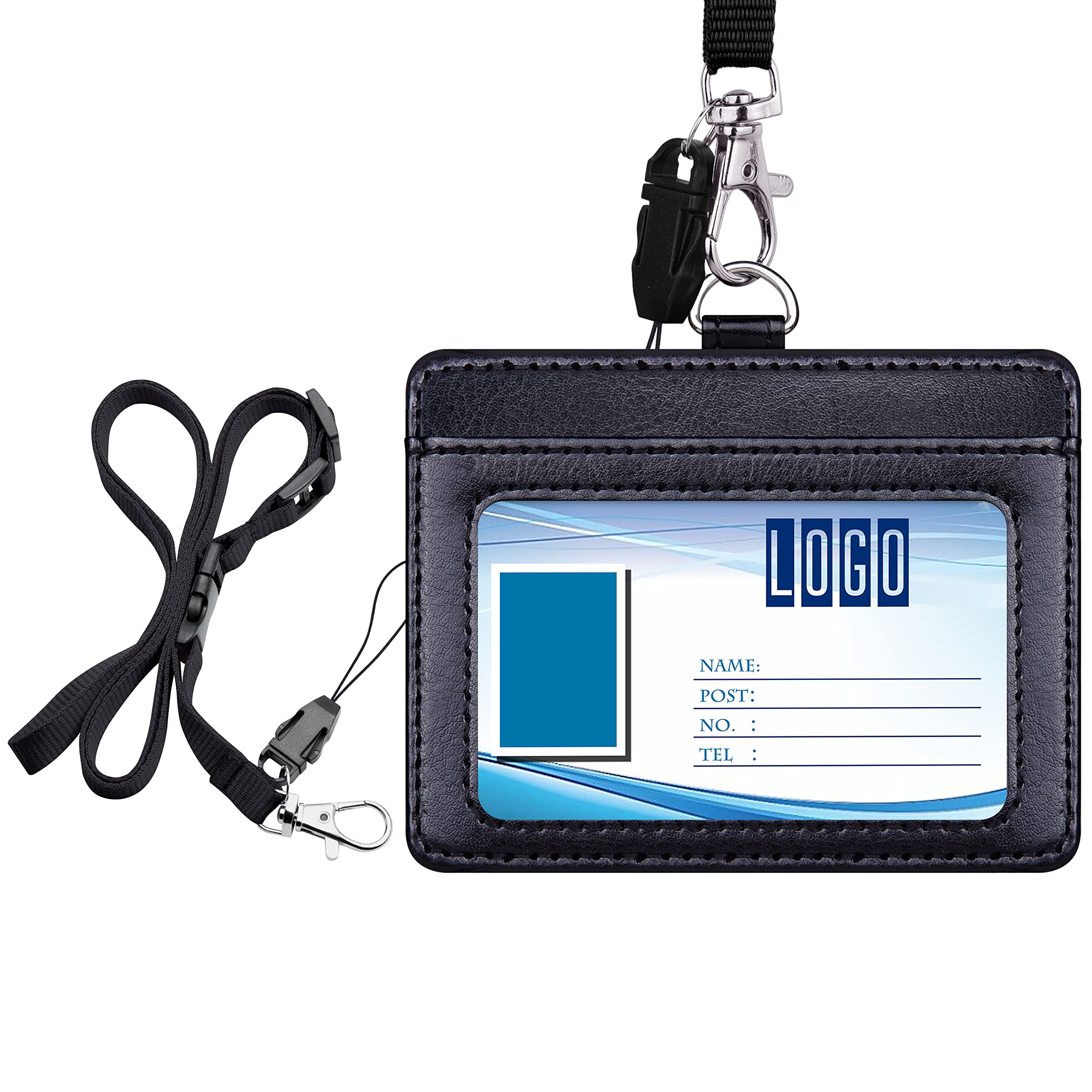 Wisdompro 2-Sided PU Leather ID Badge Holder with 1 ID Window and 1 Card Slot and 1 Piece 23 Inch Adjustable Polyester Detachable Neck Lanyard Strap （Holds 3 to 4 Cards）- Black (Horizontal)