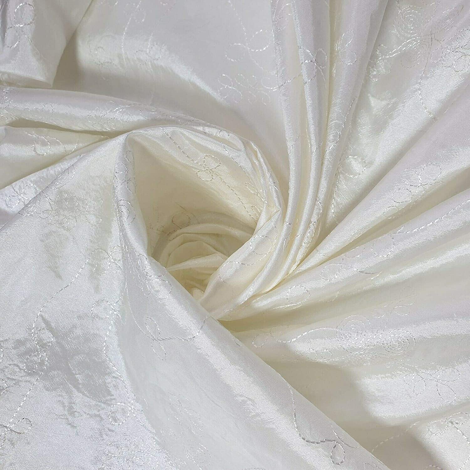 Embroidery Faux Silk Taffeta Dress Craft Cushion Curtain Fabric 58" (Ivory, 2 Meter)