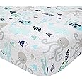 Lambs & Ivy Oceania 100% Cotton Fitted Crib Sheet - White with Blue Nautical/Aquatic Fish and Octopus