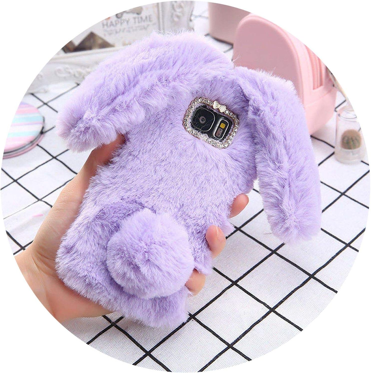 3D Rabbit Ears Soft TPU Luxury Fluffy Diamond Phone Case for Samsung for Galaxy A3 A5 A7 2016 2017 Cute Furry Warm Back Cover,Purple,for Galaxy A5 2016