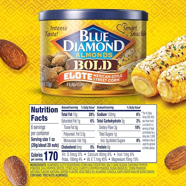 BLUE DIAMOND ALMONDS, BOLD ELOTE MEXICAN STREET CORN FLAVORED SNACK NUTS, 6 OUNCE CAN