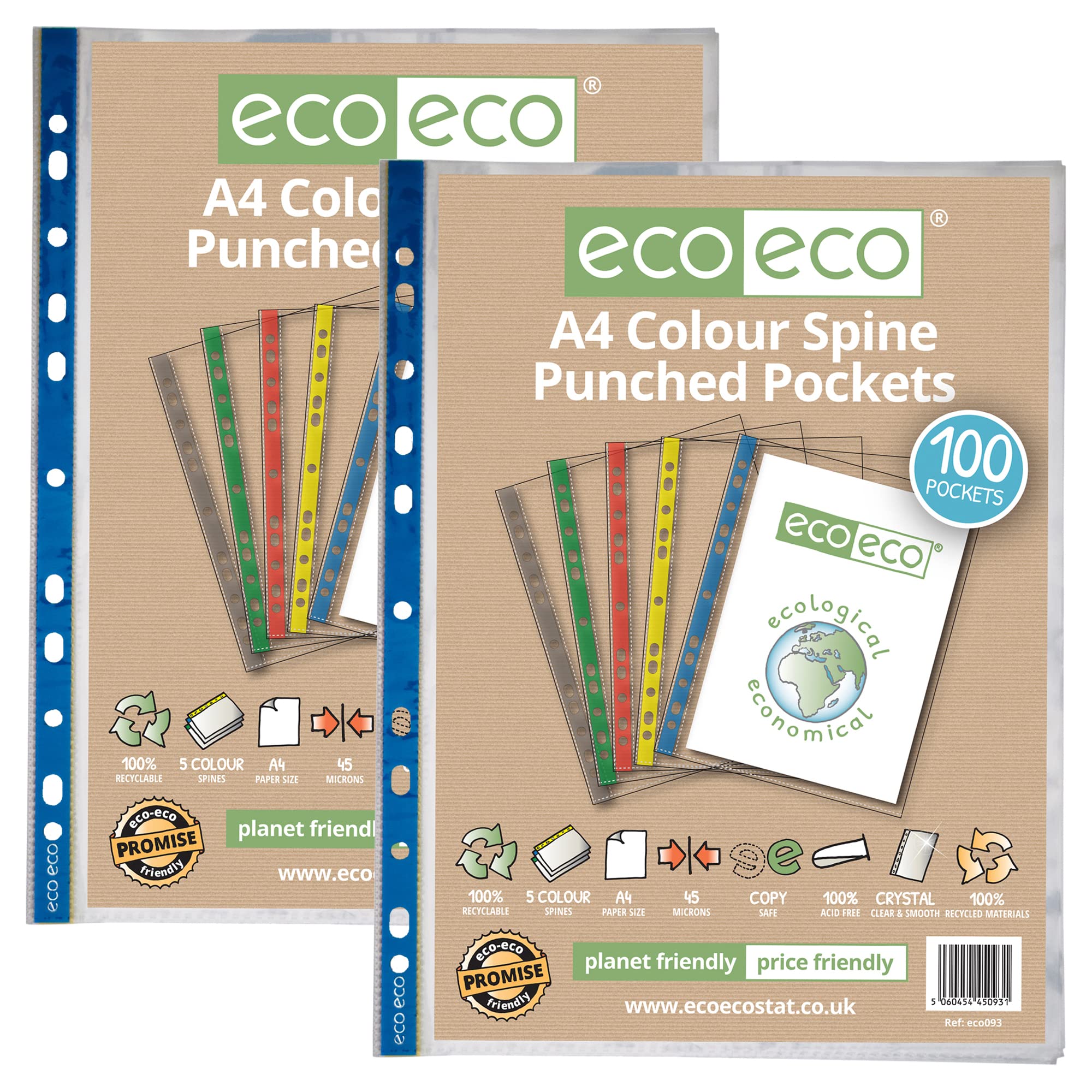 eco-eco A4 100% Recycled Coloured Spine Multi Punched Pockets Glass Clear, Transparent Poly Wallet Sheet Protector, 45 Microns (2 Packs of 100 Wallets), eco093x2