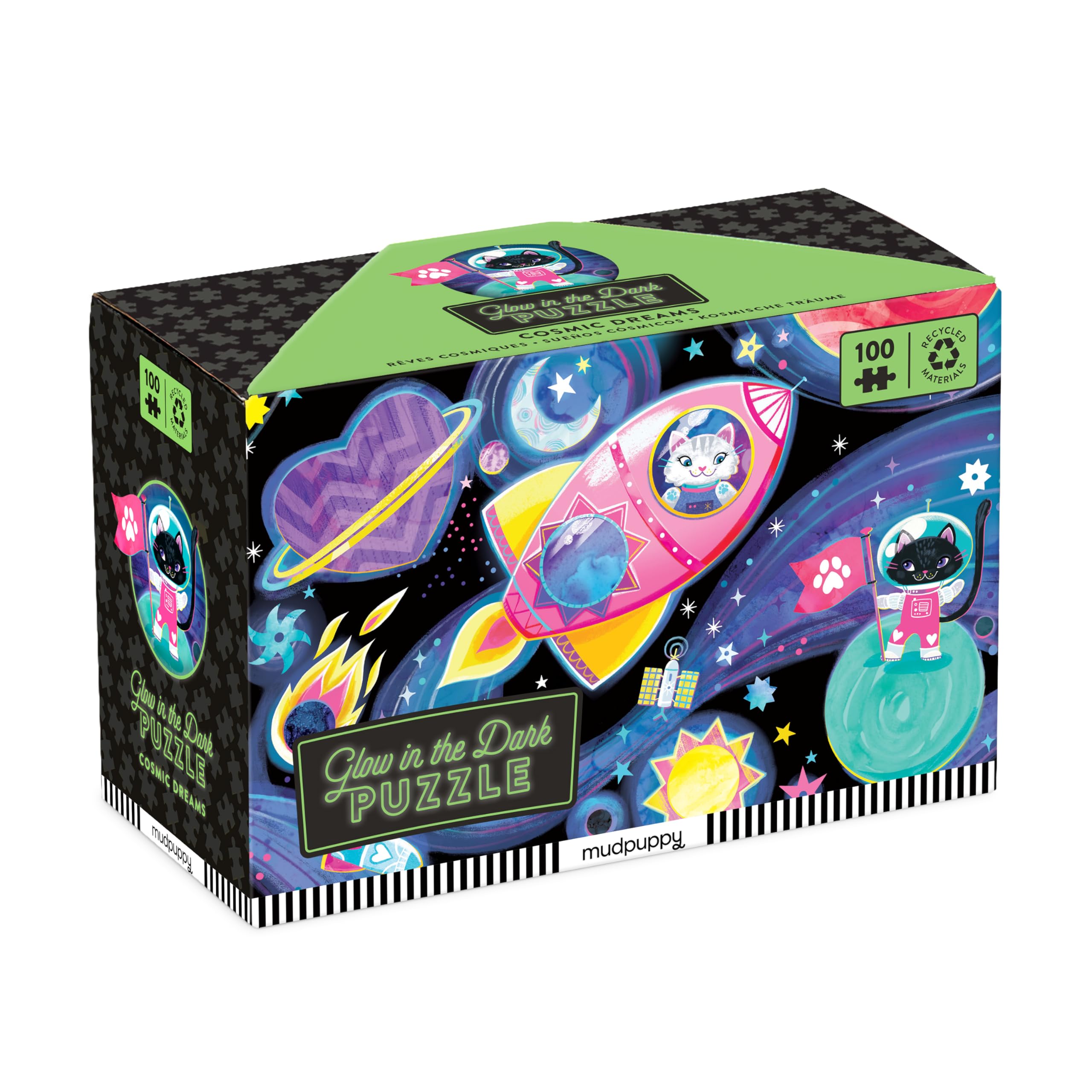 Mudpuppy Cosmic Dreams – 100 Piece Glow in The Dark Jigsaw Puzzle with an Outer Space Scene of Astronaut Cats and Hidden Planetary Details in The Dark