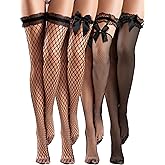 Bencailor 4 Pairs Fishnet Thigh High Stockings Silky Bow Lace Top Sheer Over Knee Stocking for Women