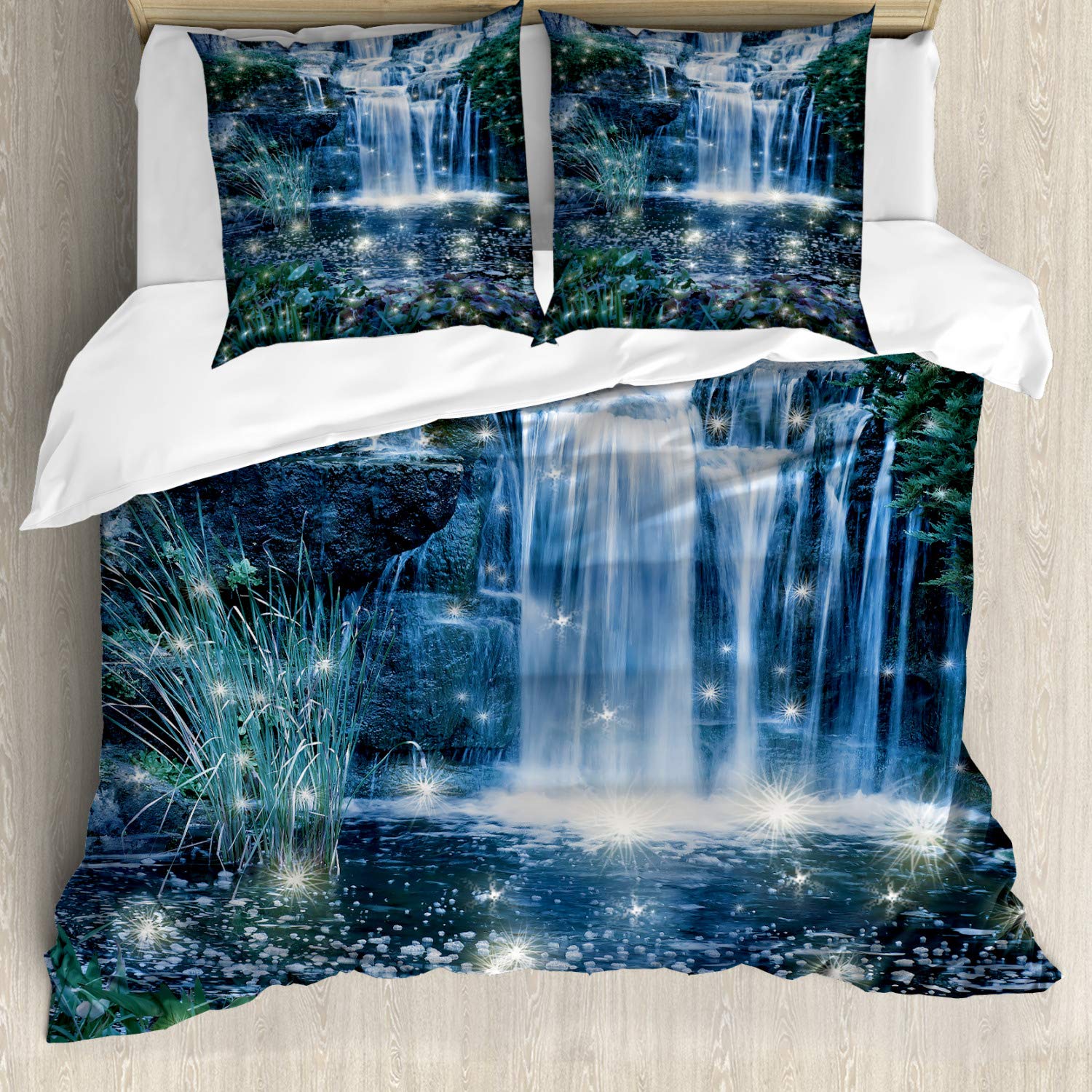 ABAKUHAUS Magic Duvet Cover Set, Fairy and Cascade at the Night on the Water Fresh Landscape Image Print, Bedding Set 3 Pieces with 2 Pillow Shams, 155 cm x 220 cm, Grey Green — image 1