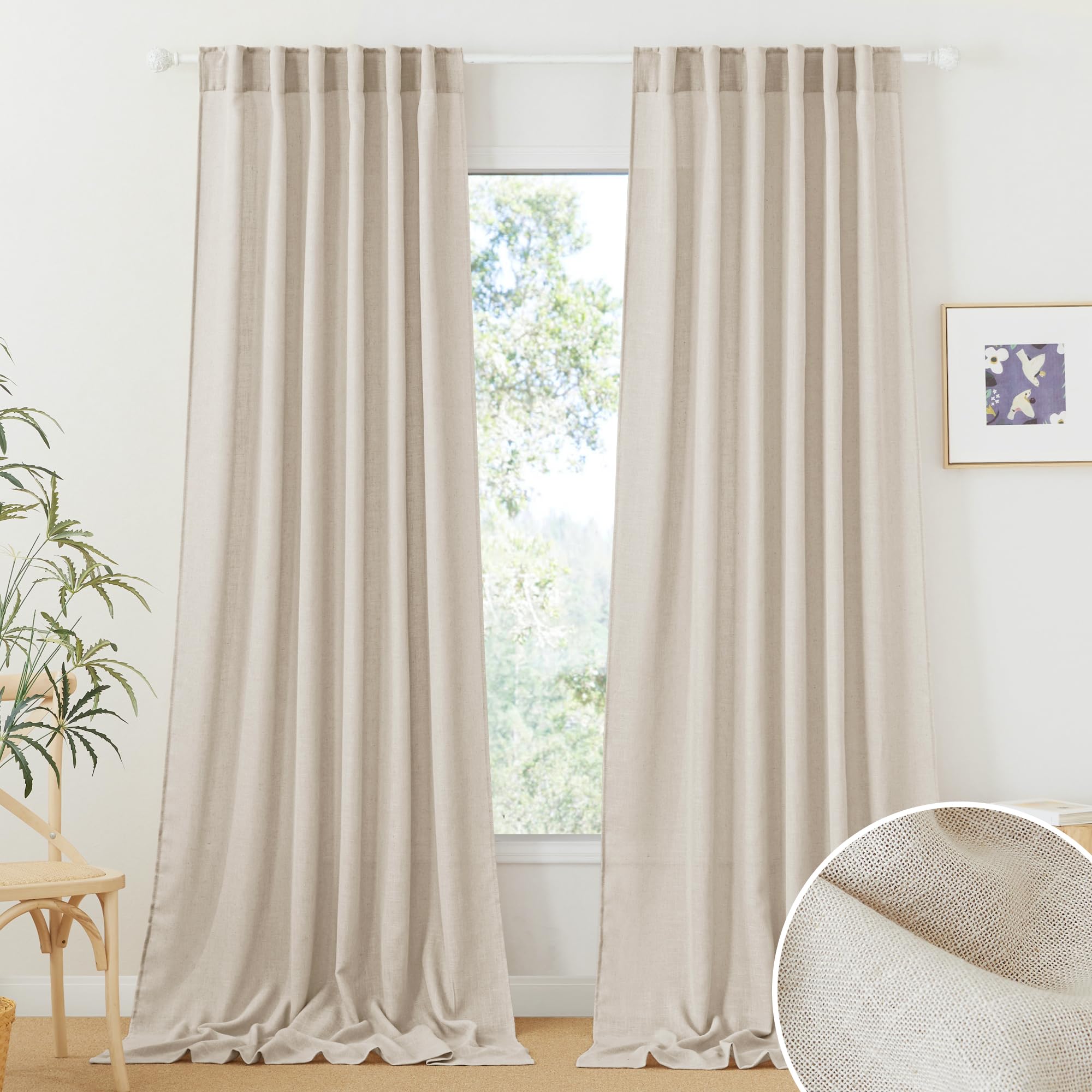 Photo 1 of RYB HOME Linen Textured Curtains Semi Sheer Window Curtains Light Filtering Ariy Privacy Sheers for Bedroom Living Room Office Patio Door, Beige, 52 inch Wide x 108 inch Long, 2 Panels Set