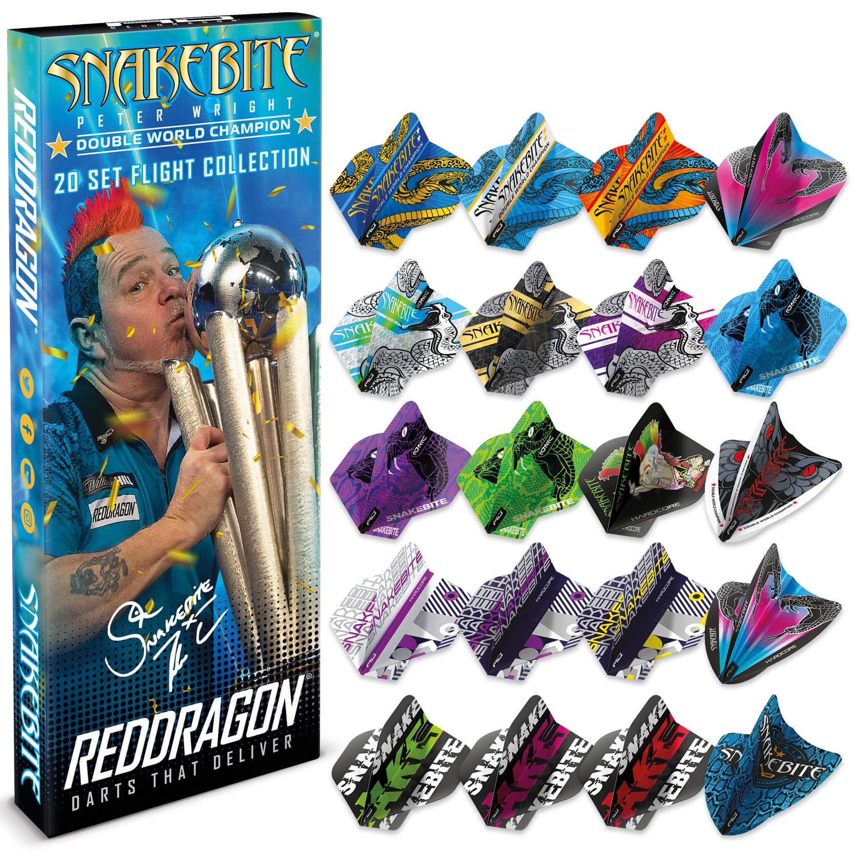 RED DRAGON Peter Wright Snakebite DWC Flight Collection - 20 sets of dart flights (60 flights in total)