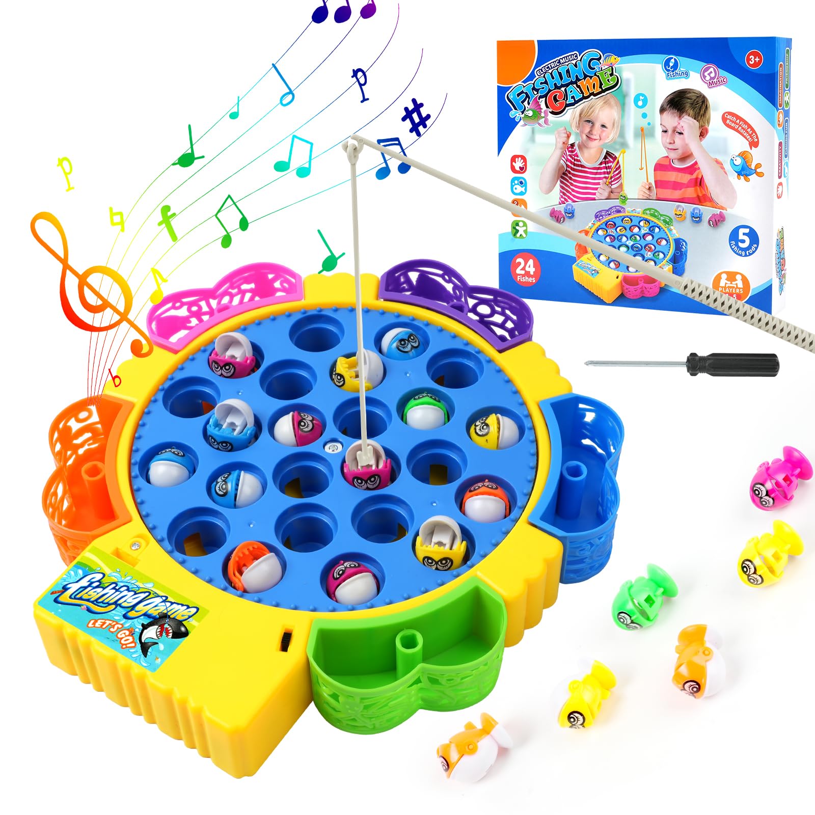 Vicloon Fishing Game for Kids, Electric Fishing Toys, Fish Game Toy with 24 Fish and 5 Fishing Rods Toy Musical Montessori Educational Learning Toys for Boys Girls Children Toddlers 3-7 Years Old